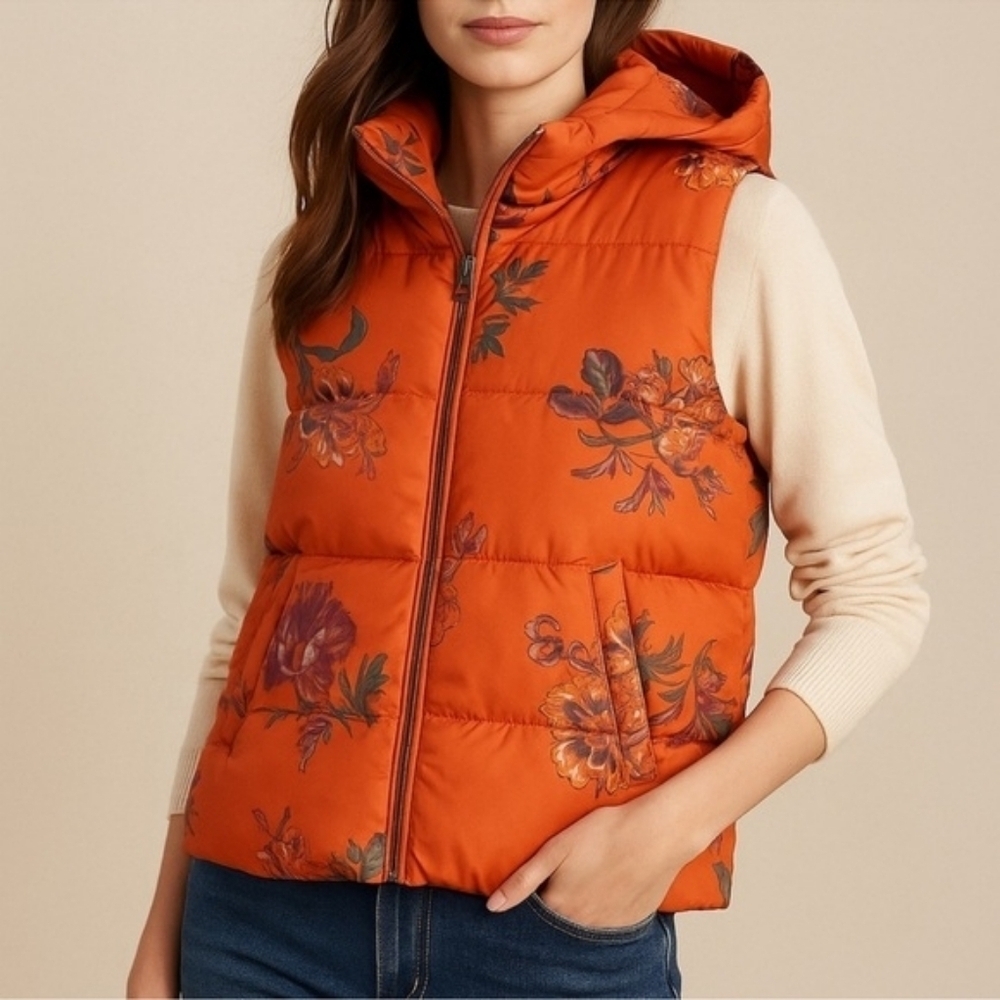 Sundance Urban Blooms Puffer Vest Orange Floral Hooded Pockets